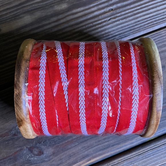 Pottery Barn Wooden Spool of Red and White Grosgrain Ribbon - Picture 5 of 16